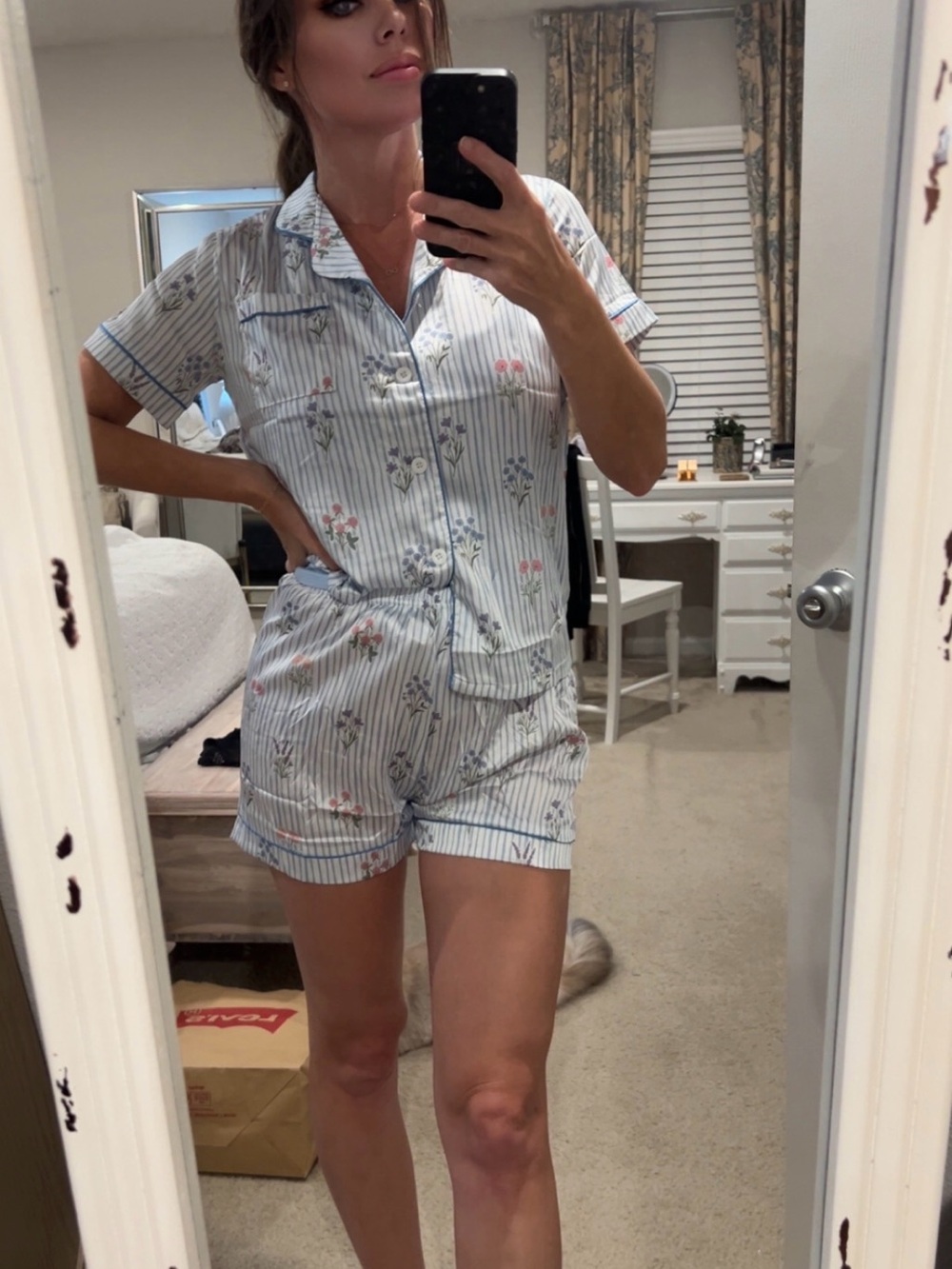 Blue Striped Floral Short Pajama Set - Women small